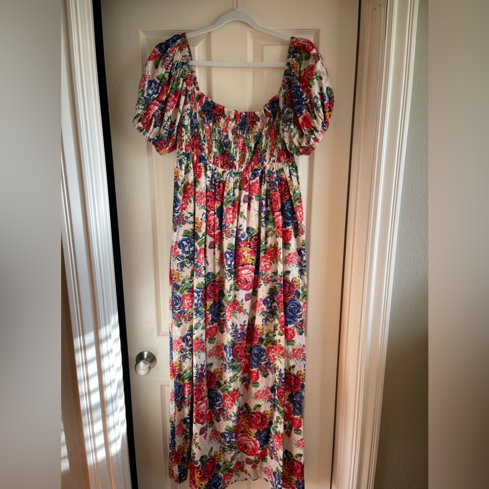 NWOT Eddy Aurora Puff Sleeve Maxi Dress Red and Blue Floral, Size Small